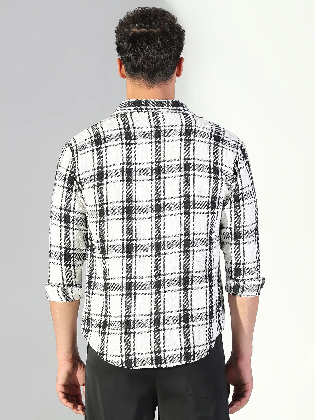 Men's Checked Off White & Black Shacket Travel Light Holiday Outfit Style