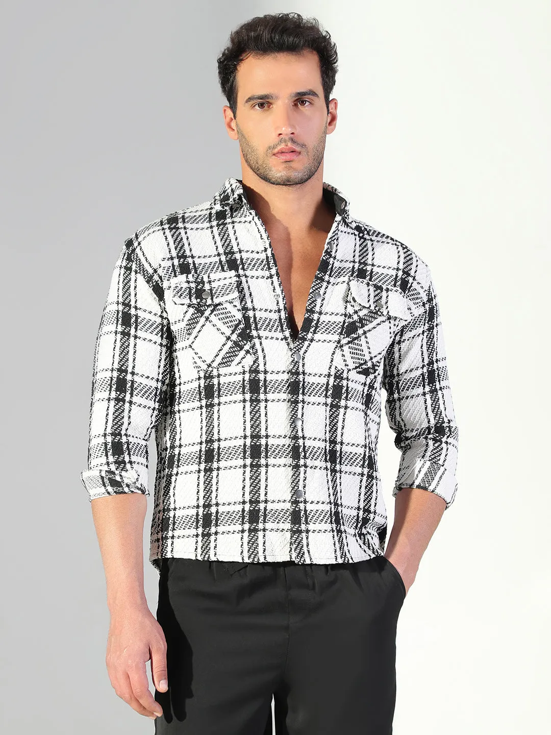 Edgy Cool and Chic Men's Checked Off White & Black Shacket