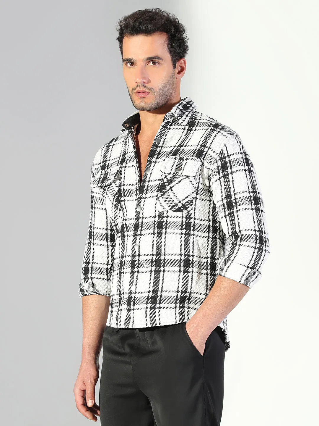 Men's Checked Off White & Black Shacket Quick Dry Performance Halloween