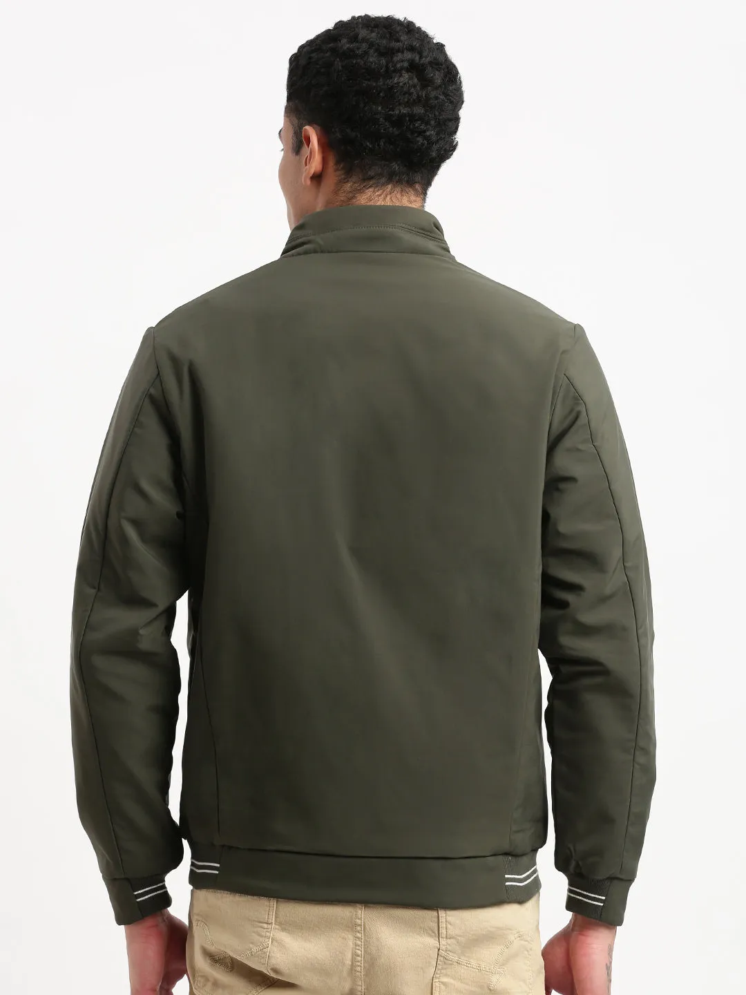 Men's Solid Mock Collar Olive Casual Bomber Jacket Thermo Regulating Fabric