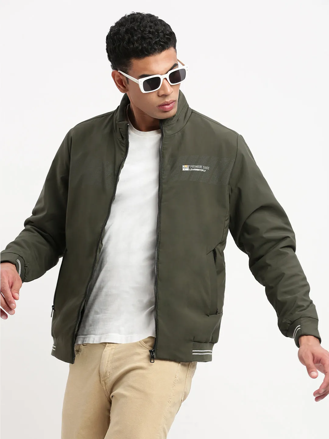 Men's Solid Mock Collar Olive Casual Bomber Jacket Camo Print Weather Friendly