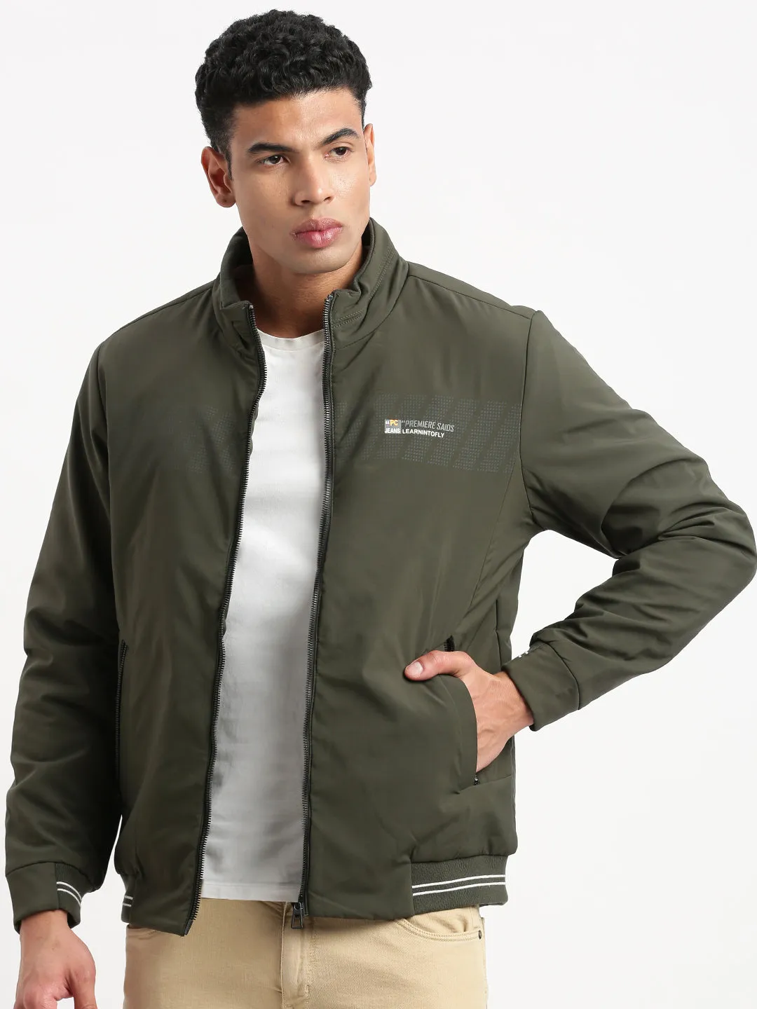 HypoallergenicInnerLayer Men's Solid Mock Collar Olive Casual Bomber Jacket