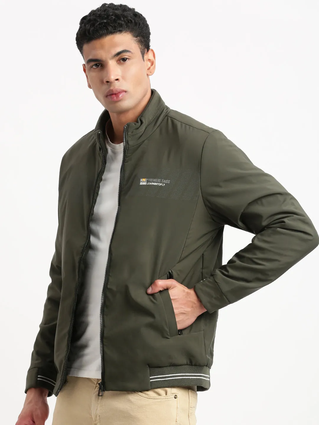 Men's Solid Mock Collar Olive Casual Bomber Jacket WaterResistantFabric Lightweight Comfort