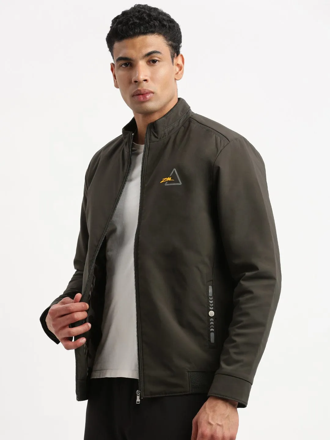 Men's Mock Collar Green Solid Casual Bomber Jacket Belted Waist