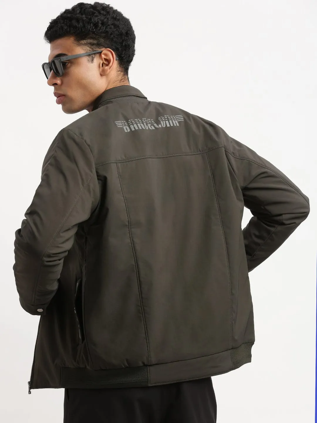 Snow Block Men's Mock Collar Green Solid Casual Bomber Jacket