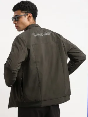 Snow Block Men's Mock Collar Green Solid Casual Bomber Jacket