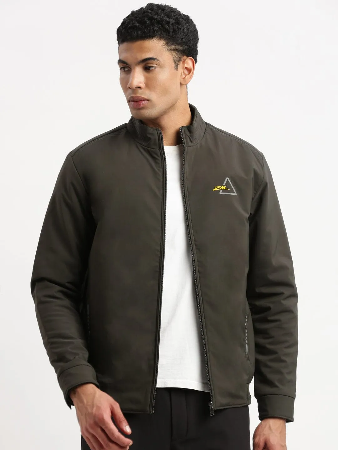 Long Sleeve Men's Mock Collar Green Solid Casual Bomber Jacket