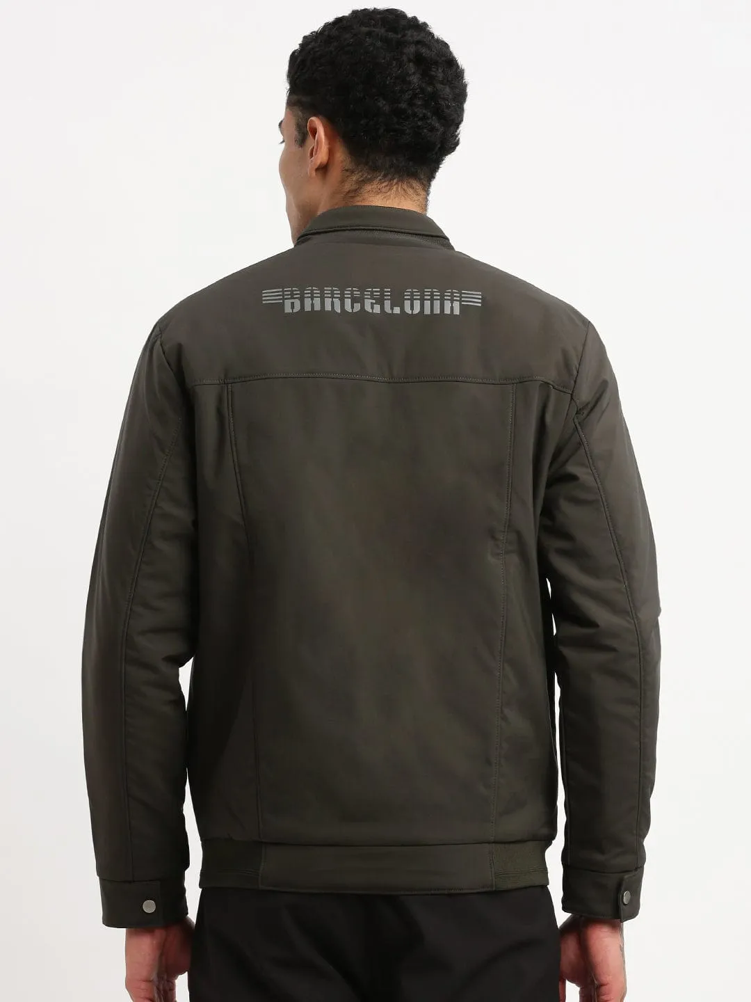 Men's Mock Collar Green Solid Casual Bomber Jacket Elasticized Waist