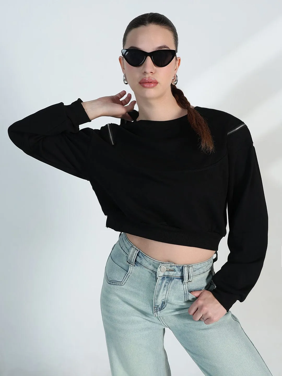 Women's Black Oversized Sweatshirt with Shoulder Zips All Season Wear low end