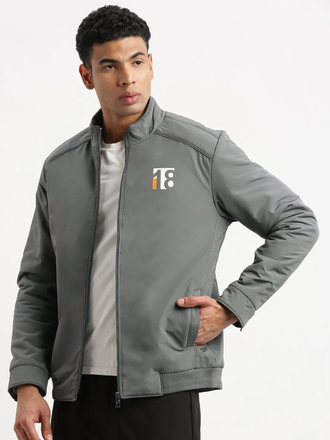 Rubberized Zippers Weatherproof Zippers Men's Solid Mock Collar Grey Casual Bomber Jacket