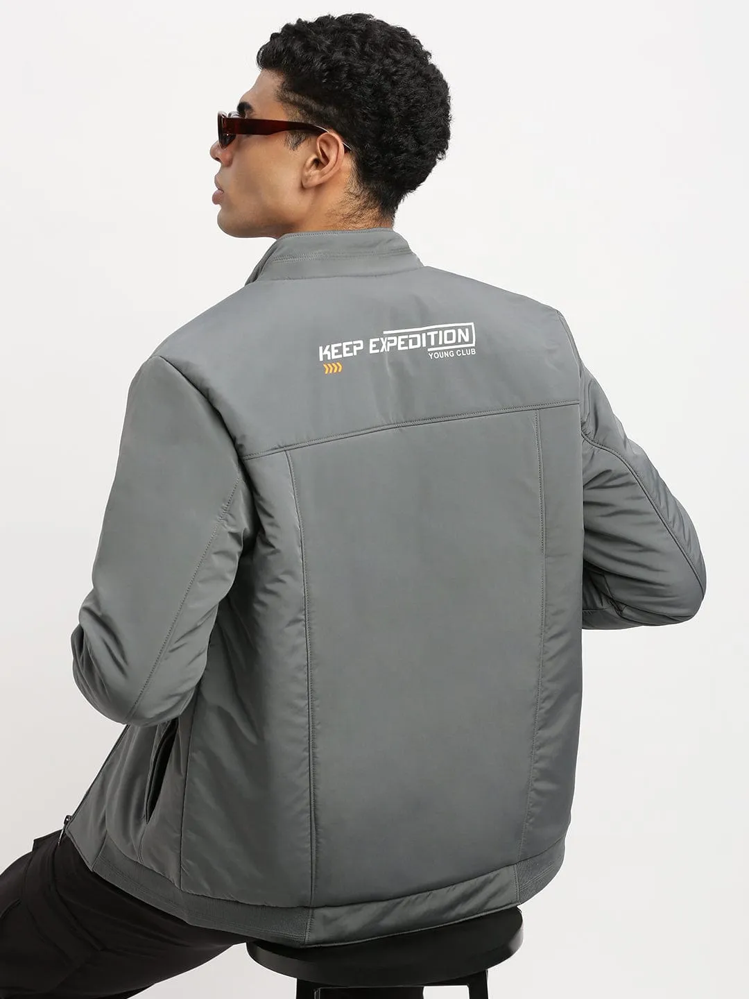 Men's Solid Mock Collar Grey Casual Bomber Jacket AntiPilling Finish