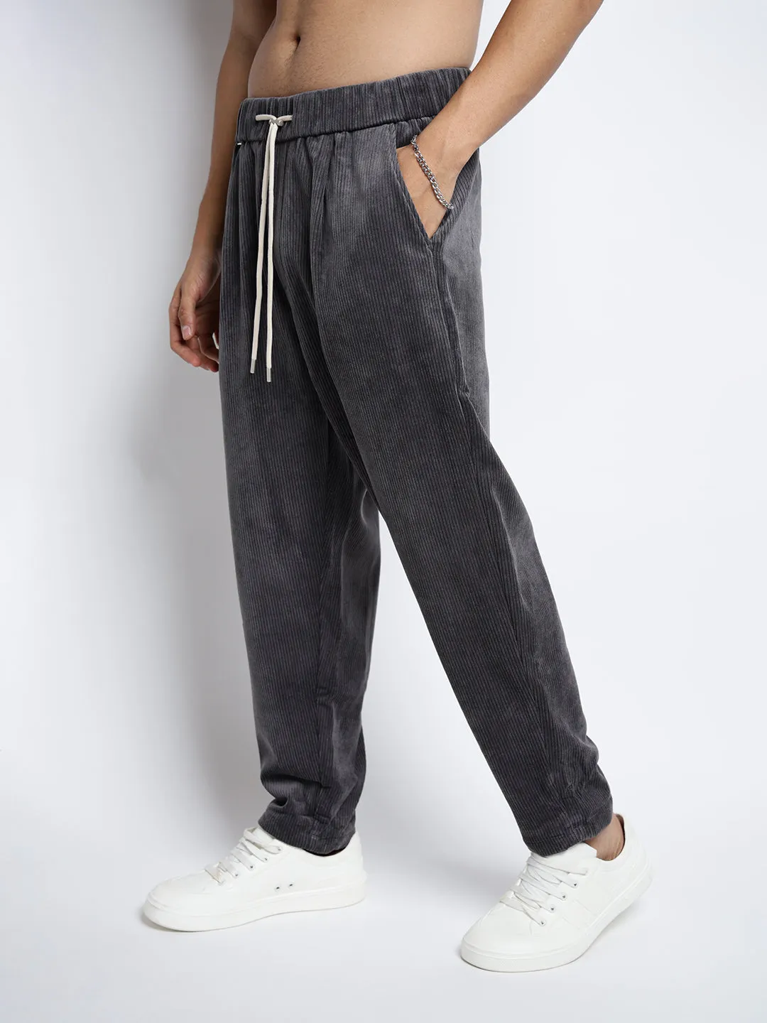 Men's Corduroy Grey Tapered Fit Trousers Fit Freedom