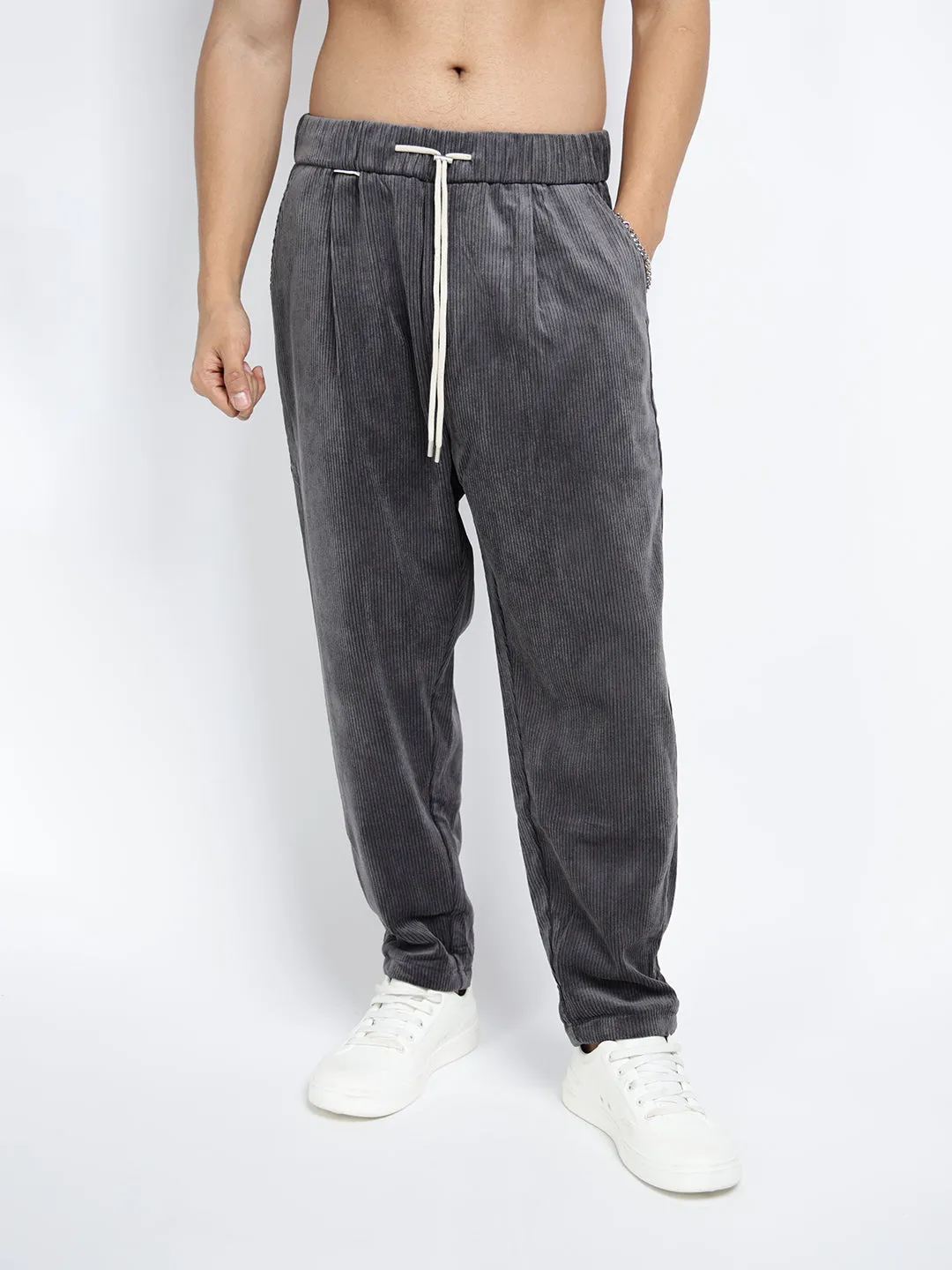 Men's Corduroy Grey Tapered Fit Trousers Soft Interior