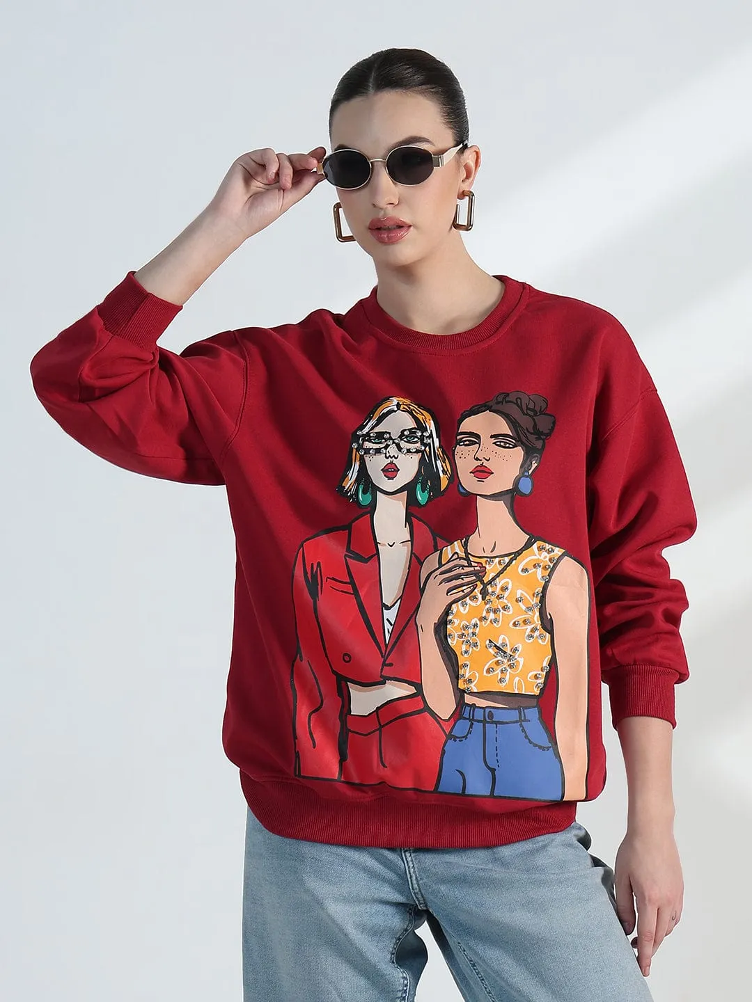 product rhinestone glamour Women's Graphic Red Oversized Sweatshirt