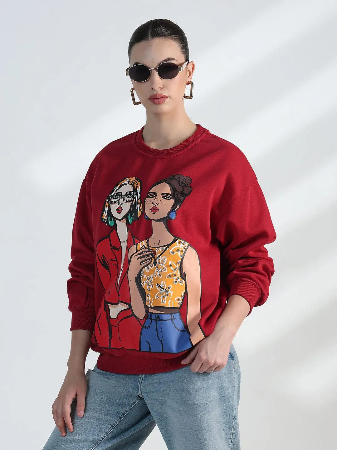 Women's Graphic Red Oversized Sweatshirt Snug Fit