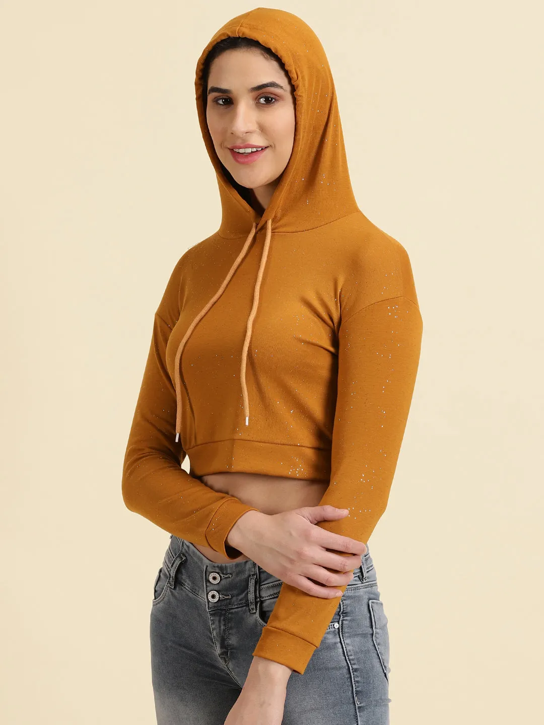 Women's Brown Hooded Neck Cotton Crop Sweatshirt Sporty Look Street Bold