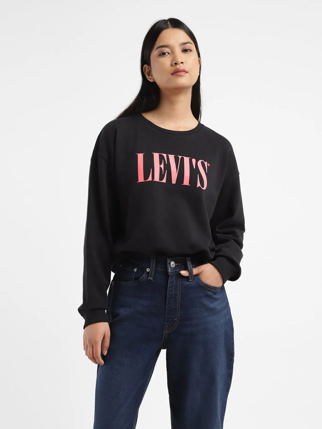 product sporty style statement school wear Women's Brand Logo Black Crew Neck Sweatshirt