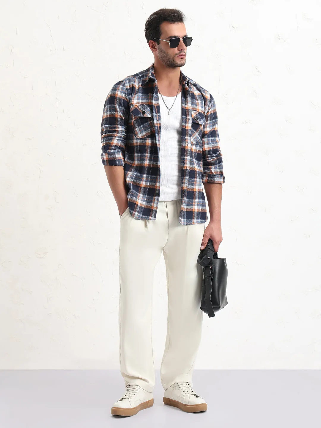 Men's Navy Blue Checked Slim Fit Shacket Comfortable Casual