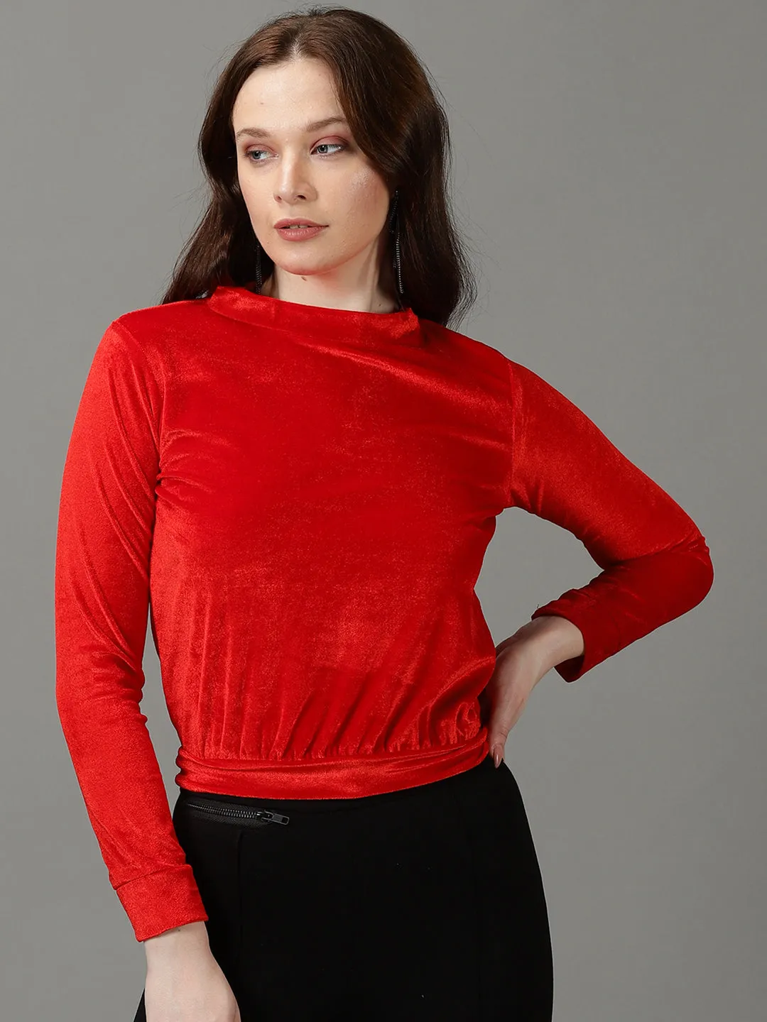 Women's Red Round Neck Sweatshirt Chill Outfit