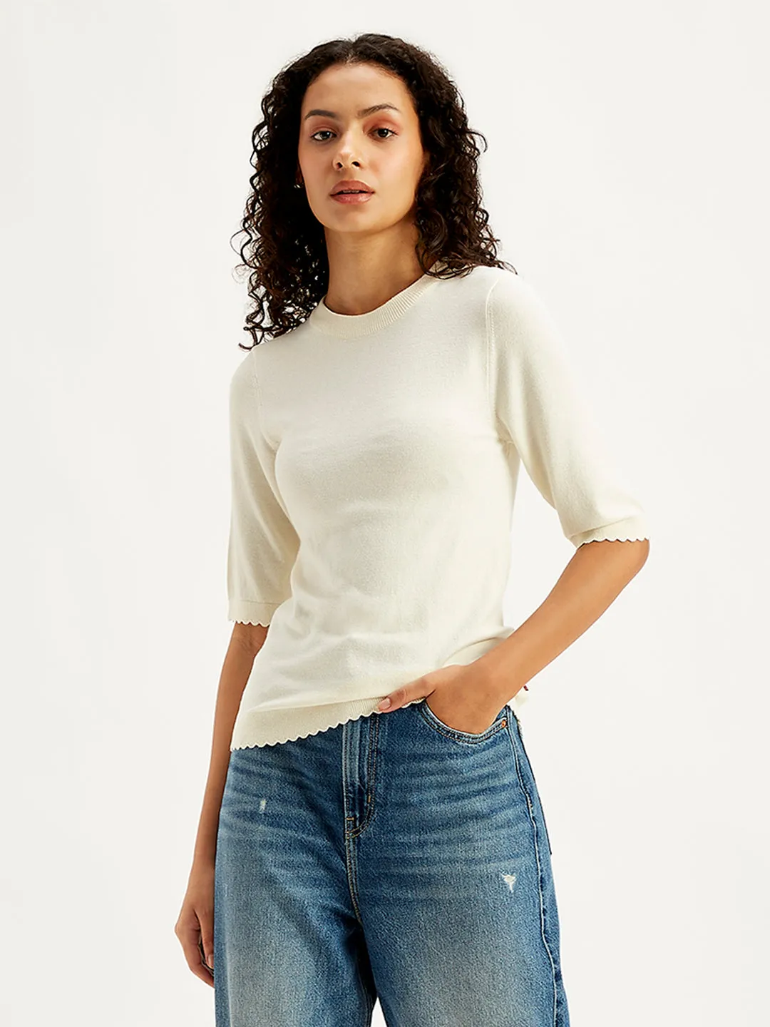 Women's Solid White Crew Neck Sweater Chill Proof Soft Apparel