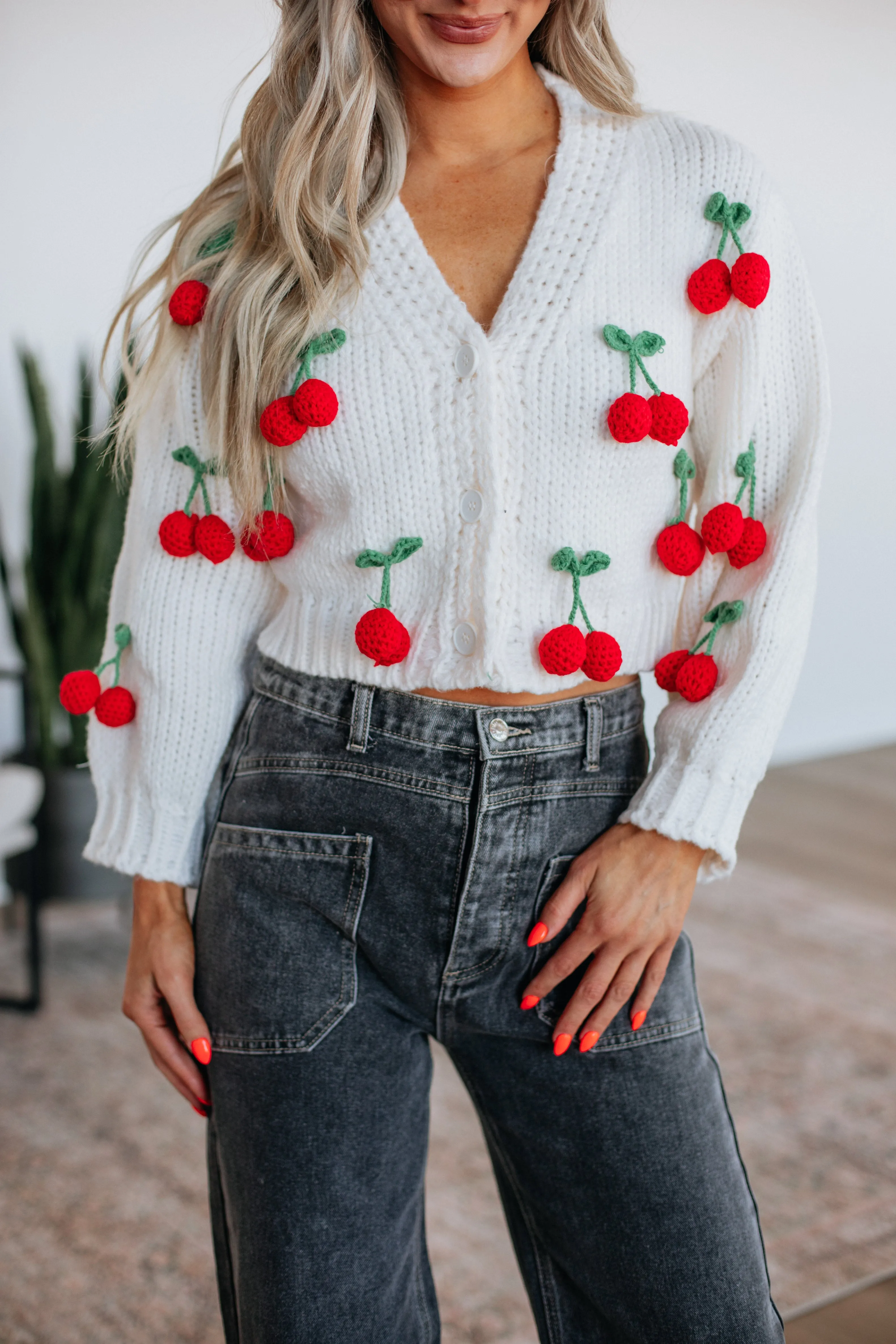 Very Cherry Cardigan Wearable Basic Crisp Texture