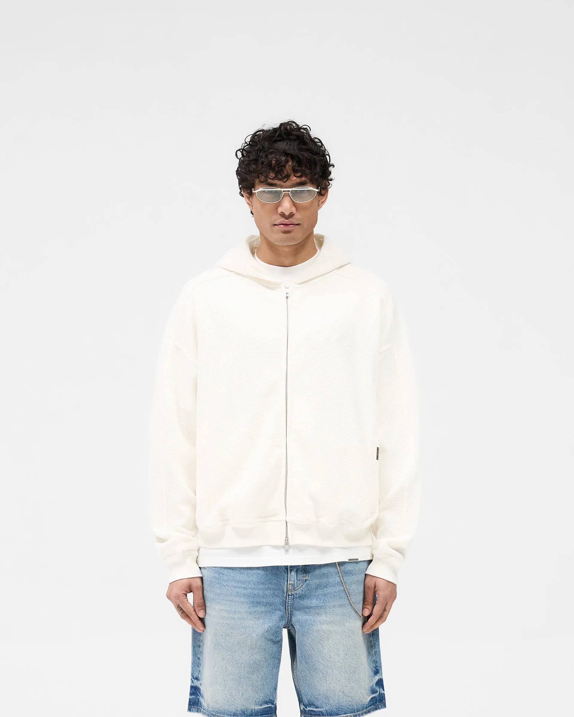 Relaxed Fashion Soft Wear Waffle Zip Through Hoodie - Flat White