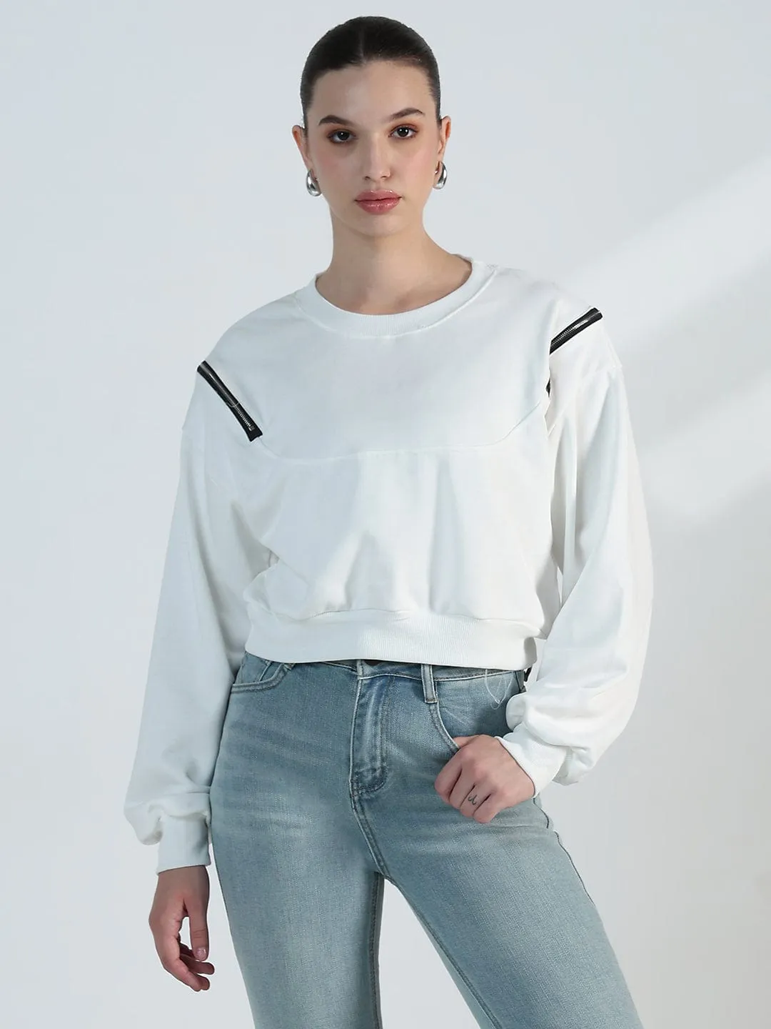 Women's White Oversized Sweatshirt with Shoulder Zips Urban Sporty product inventory