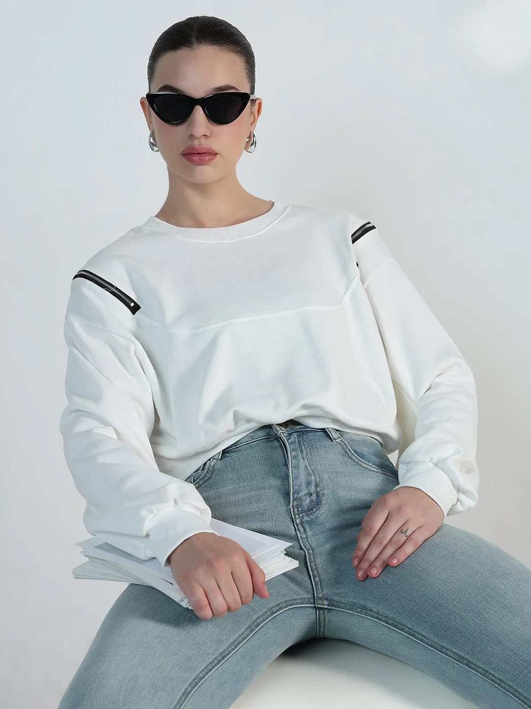 Women's White Oversized Sweatshirt with Shoulder Zips zippered Classic Layer