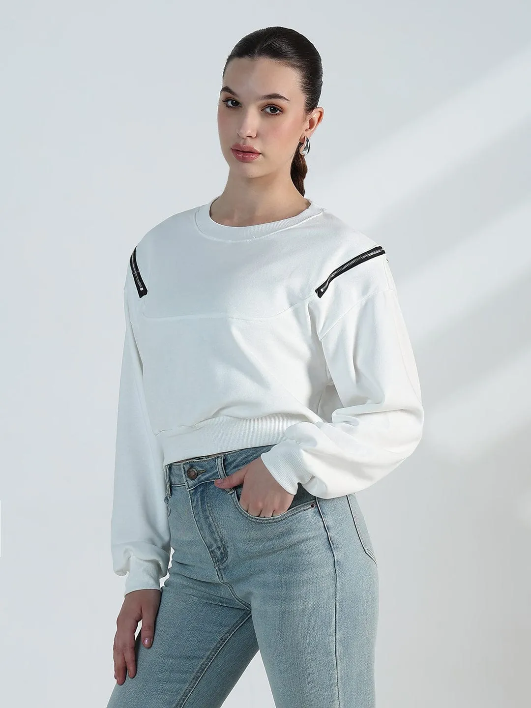 Women's White Oversized Sweatshirt with Shoulder Zips product gemstone luxury