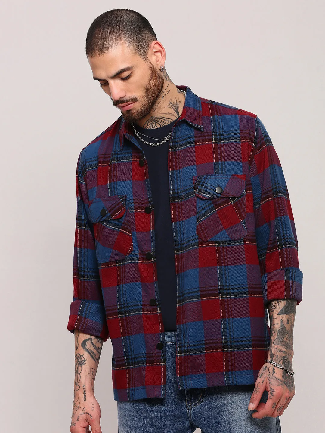 Chill Wear Men's Red Checked Relaxed Cotton Casual Shacket