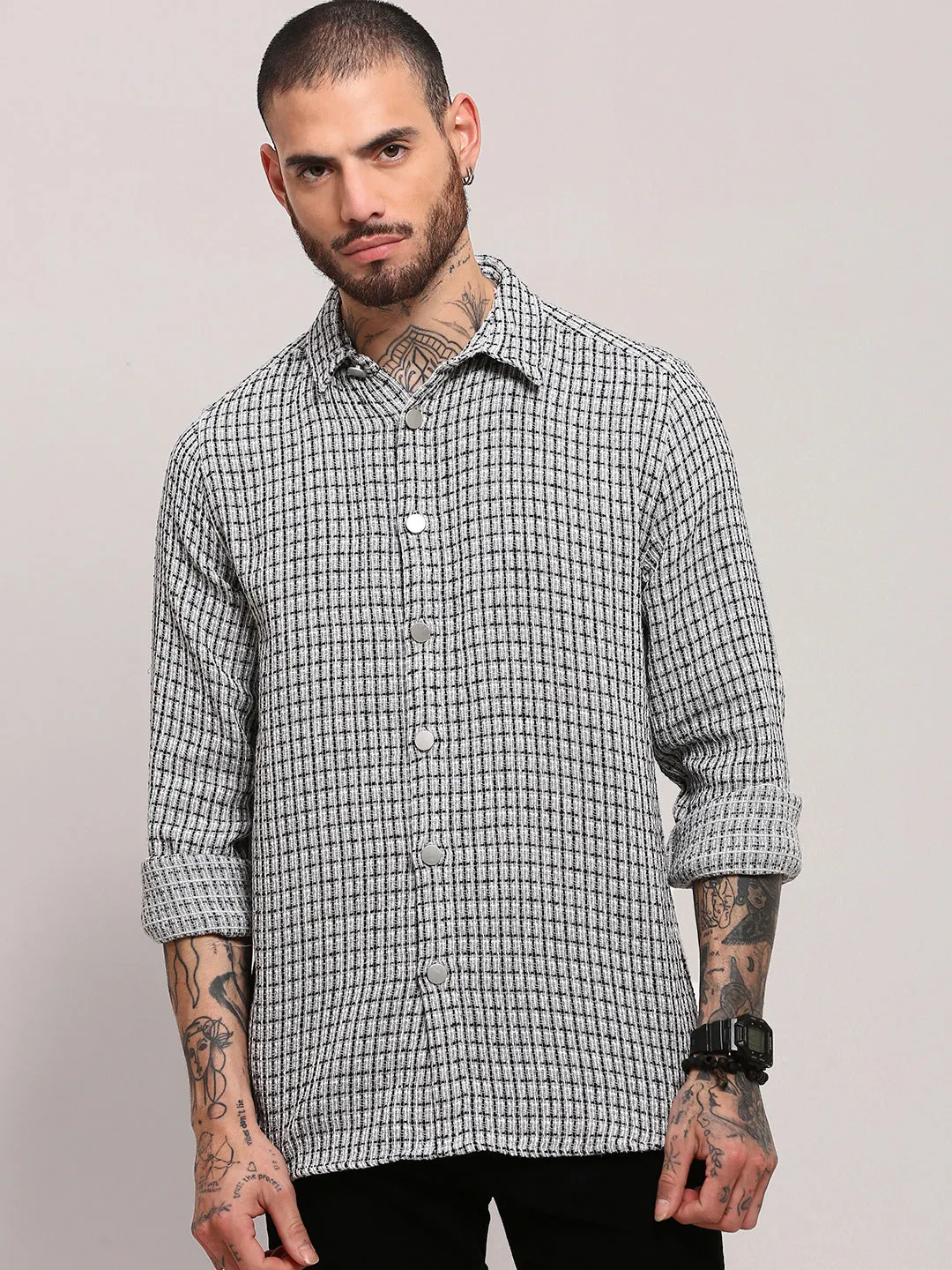 Men's Grey Spread Collar Micro Checked Shacket Easy Layer