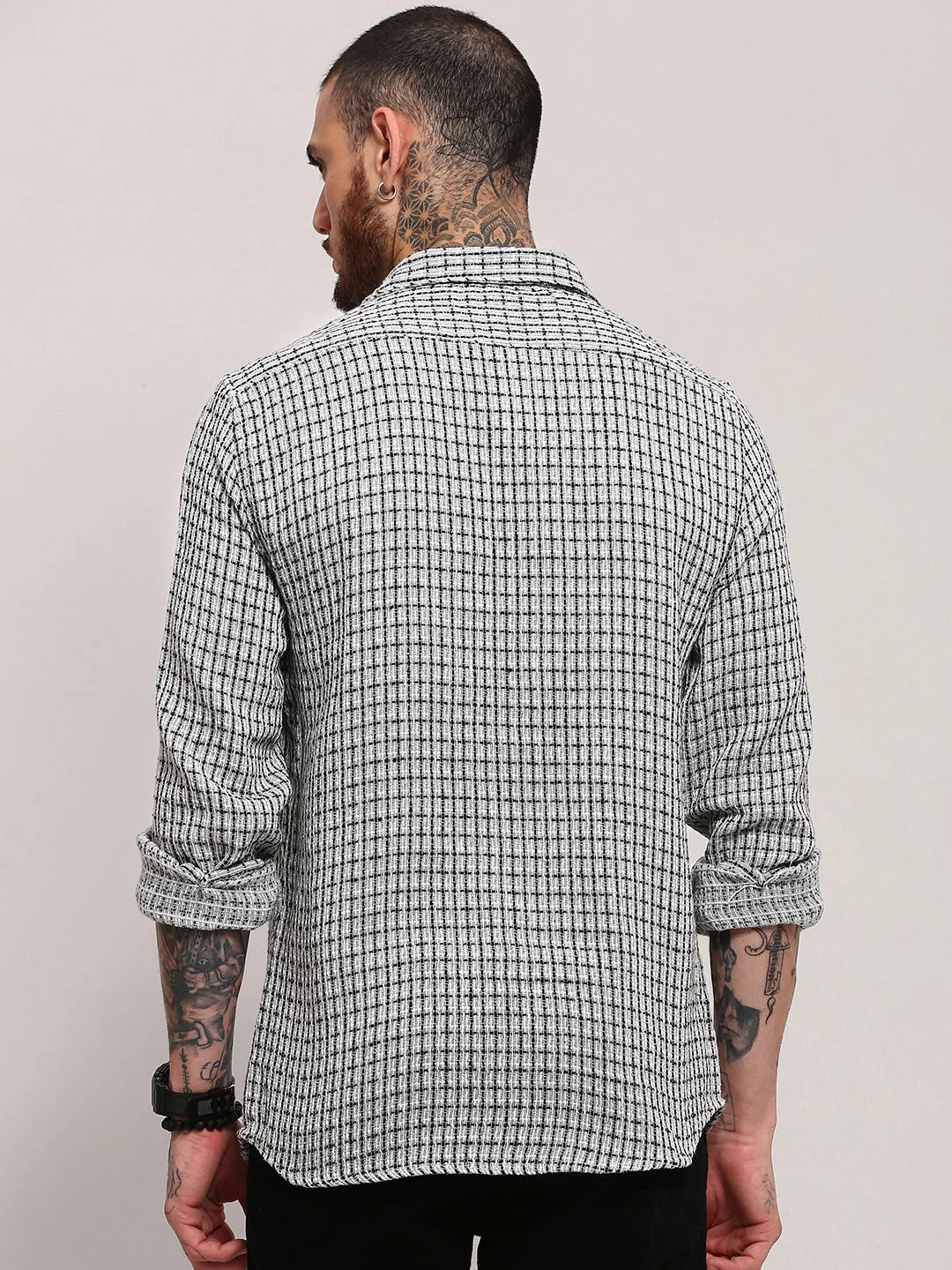 Casual and Soft Men's Grey Spread Collar Micro Checked Shacket