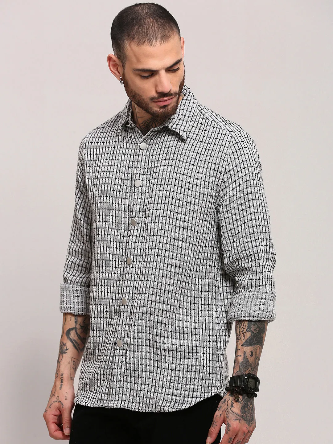 Men's Grey Spread Collar Micro Checked Shacket Relax Trend Heather Jersey Material