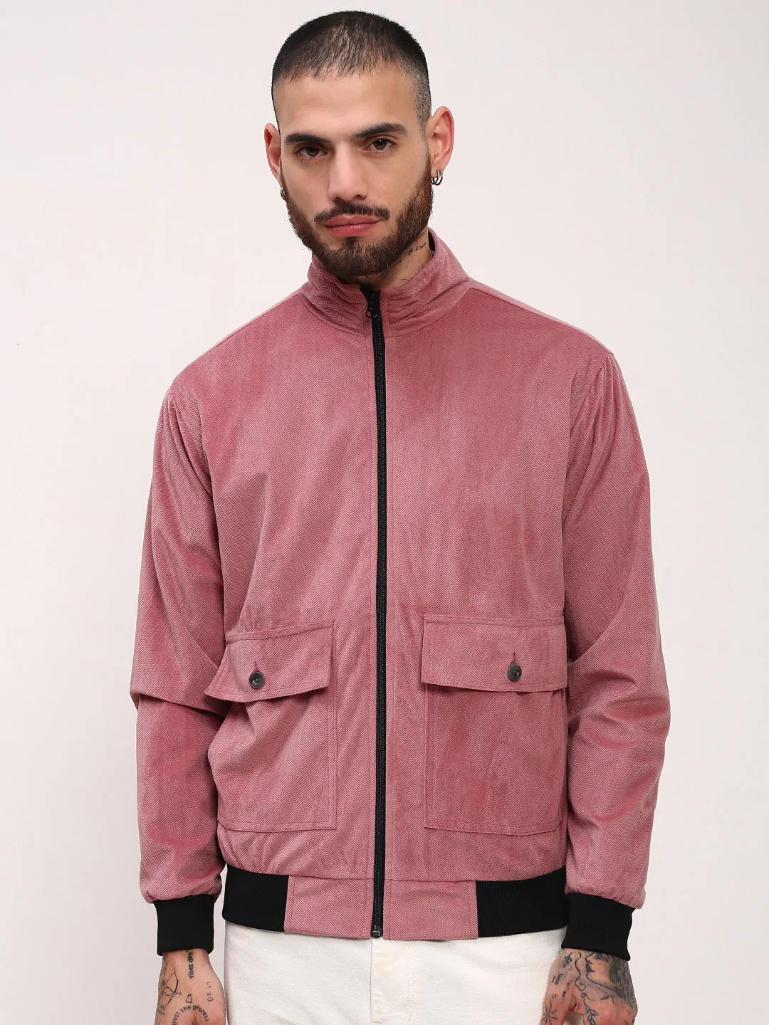 Stain Proof Modular Layering Men's Pink Solid Bomber Jacket