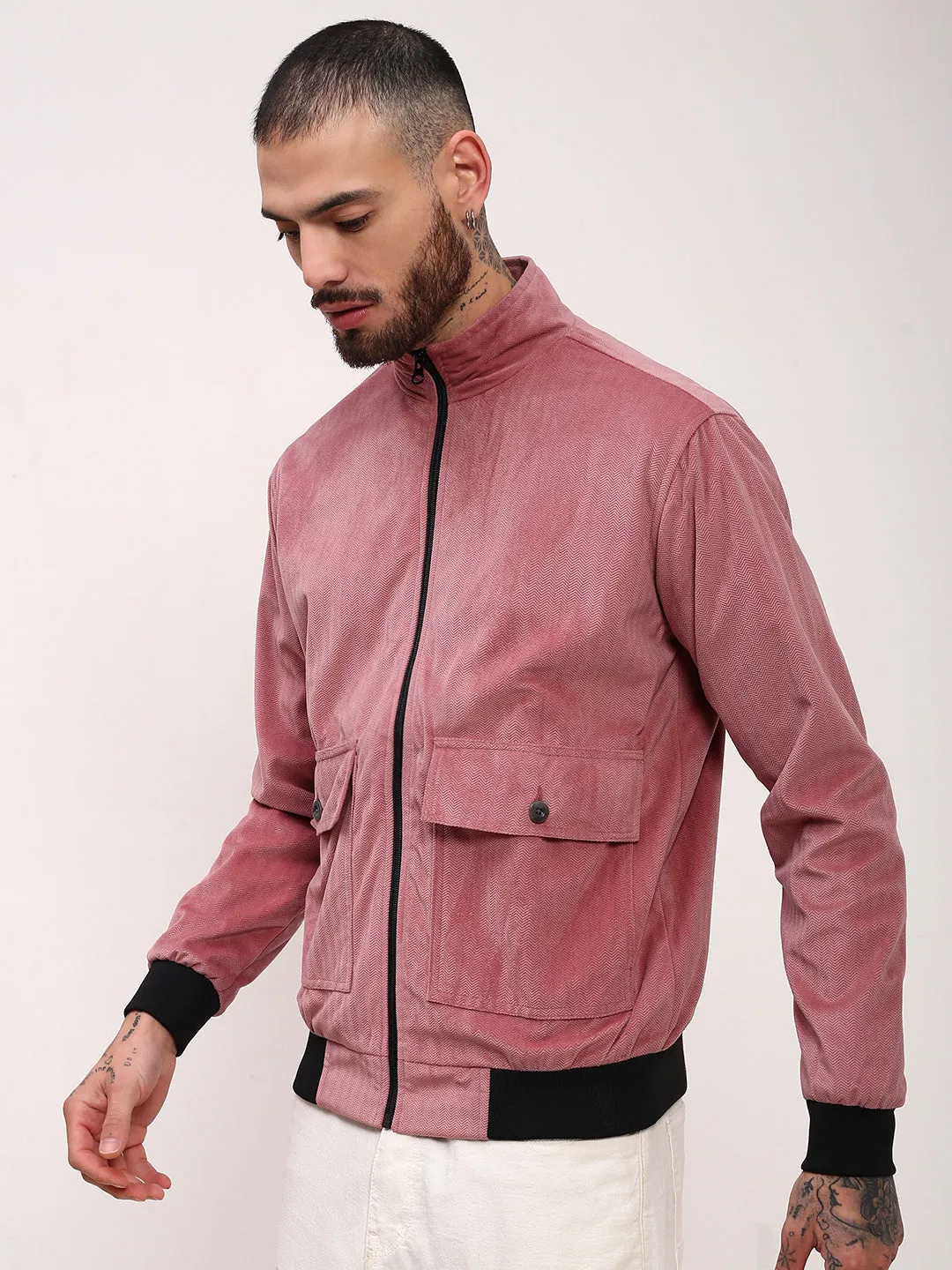 Men's Pink Solid Bomber Jacket Designer Inspired Weather Adaptive Ventilation