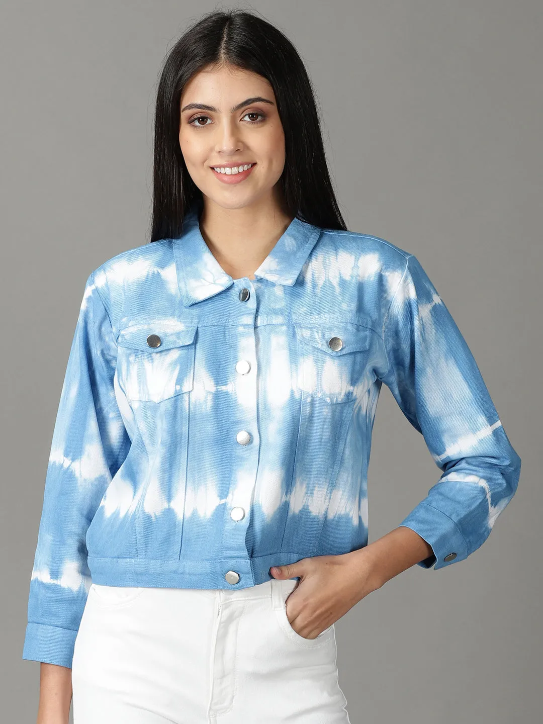 Women's Blue Tie and Dye Crop Denim Jacket Wind Resistant Coating