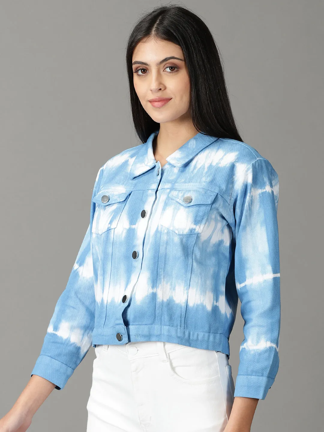 Erasable Stains Treatment Basic Travel Fit Women's Blue Tie and Dye Crop Denim Jacket