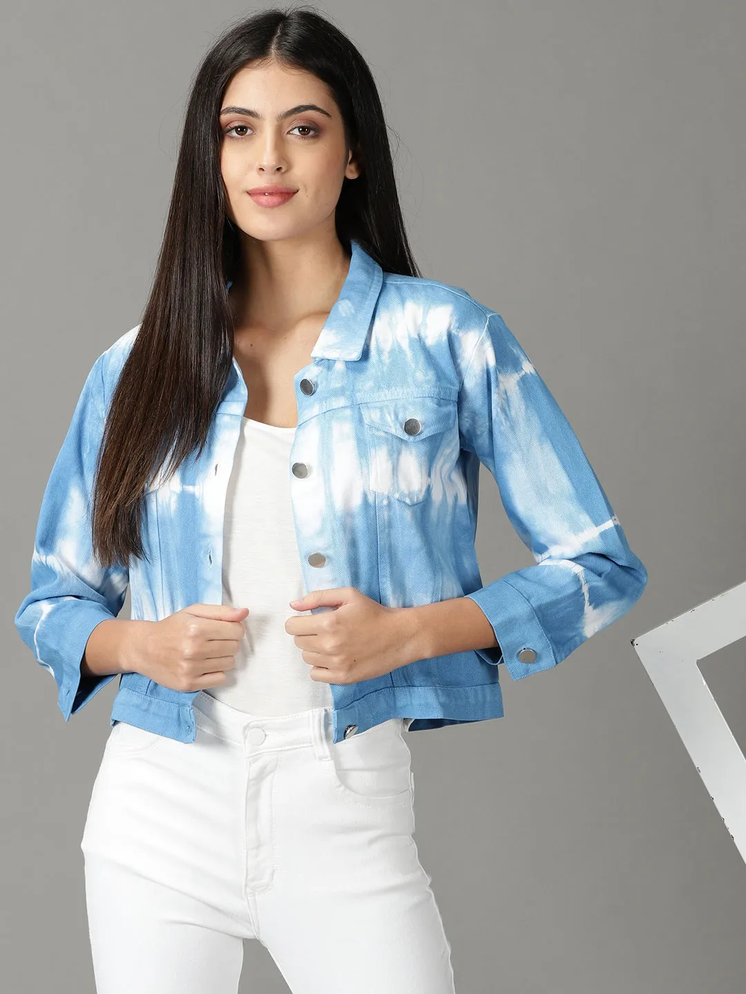 Women's Blue Tie and Dye Crop Denim Jacket Cotton Twill