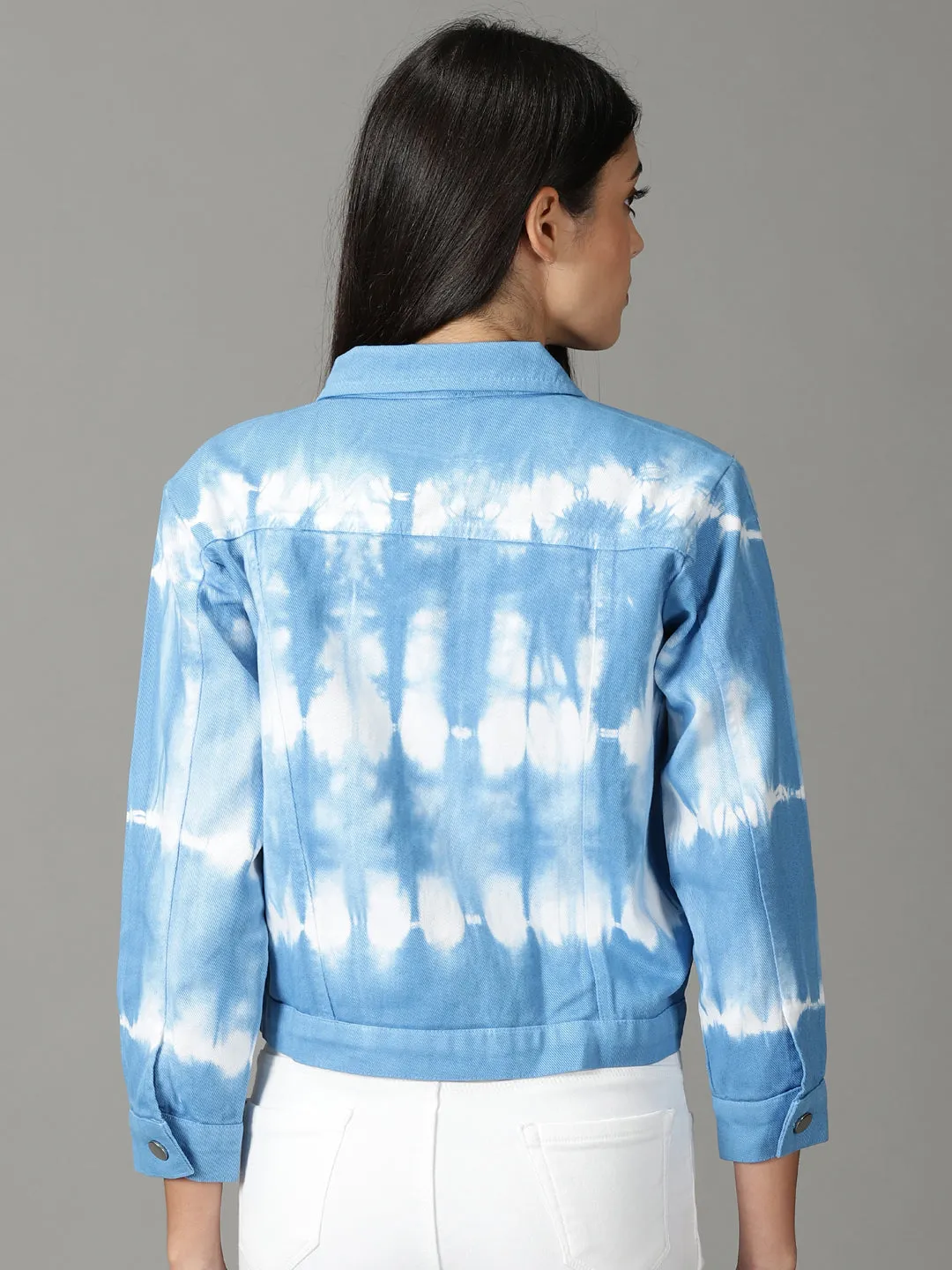 Women's Blue Tie and Dye Crop Denim Jacket Double Layered Collar