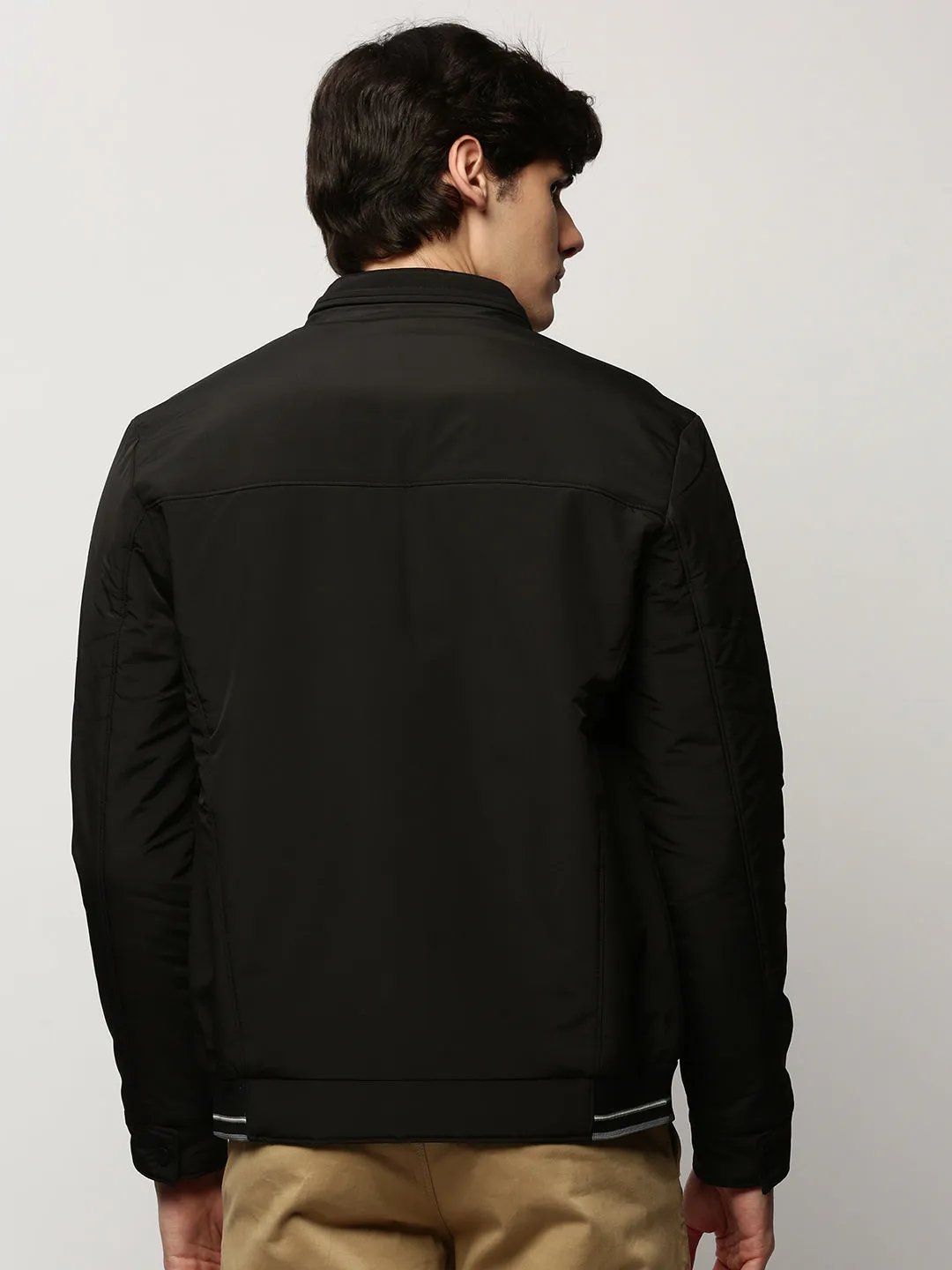 Men's Black Crop Bomber Jacket MultiPocketStyle Subtle Design Detail