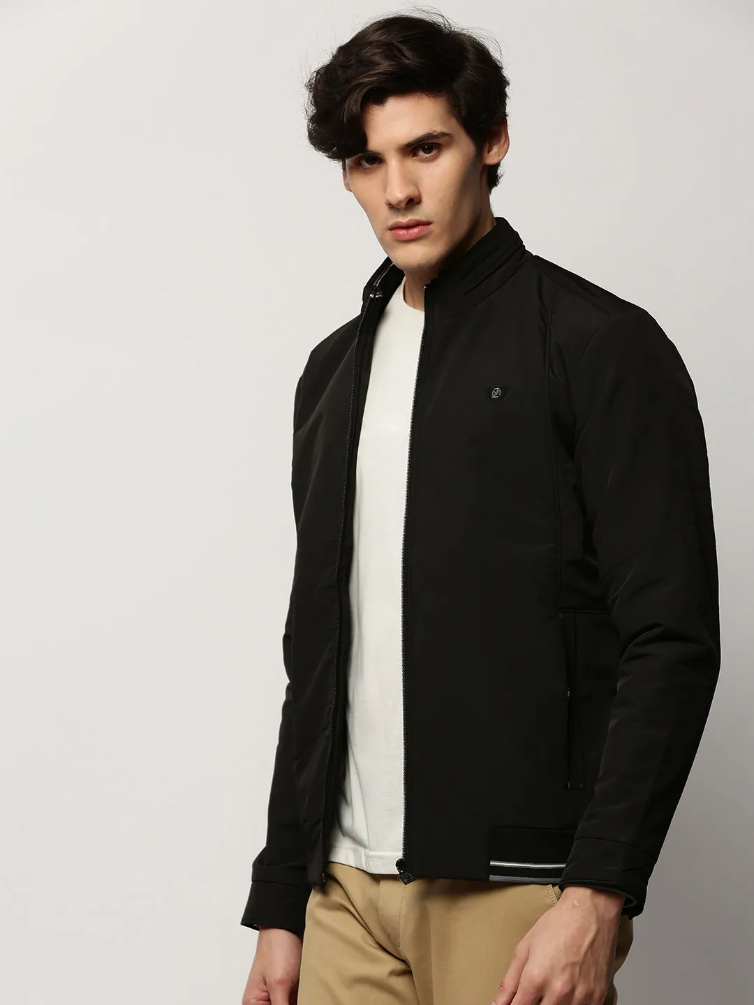 Abrasion Proof Shoulders Men's Black Crop Bomber Jacket