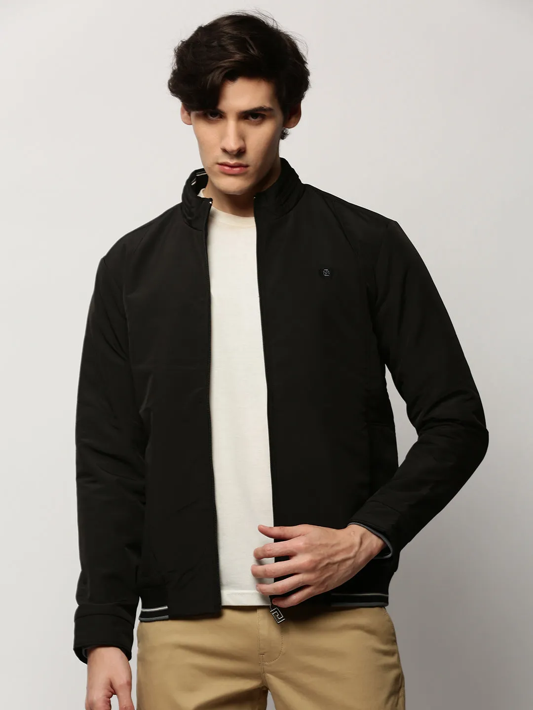 Men's Black Crop Bomber Jacket Durable Outer Layer