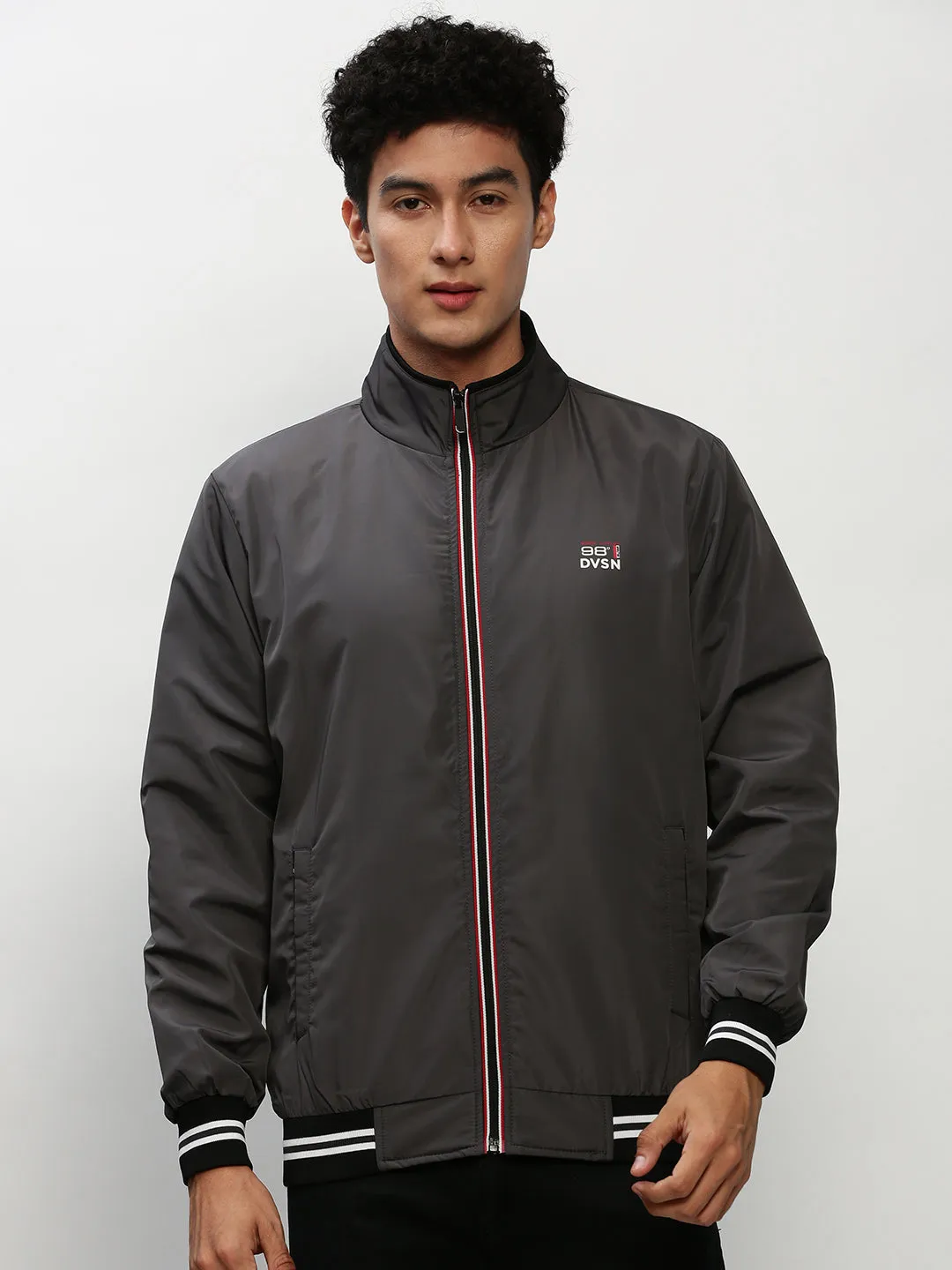 Scratch Resistant Zippers Rugged Outdoor Optimized Men's Grey Mock Collar Bomber Jacket