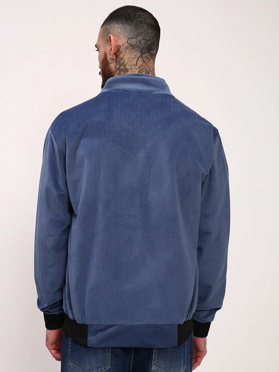 Men's Blue Mock Collar Solid Bomber Jacket Taped Seam Technology