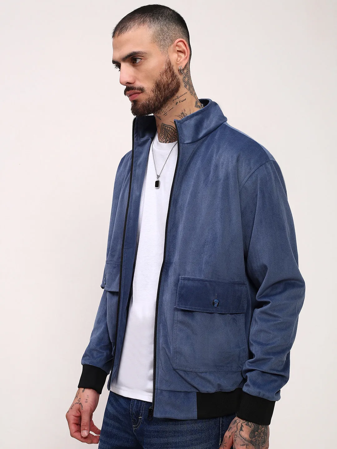 Collapsible Packable Style Men's Blue Mock Collar Solid Bomber Jacket