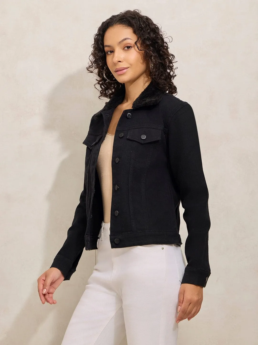 Women's Black Denim Jacket with Faux Fur Collar Double Layered
