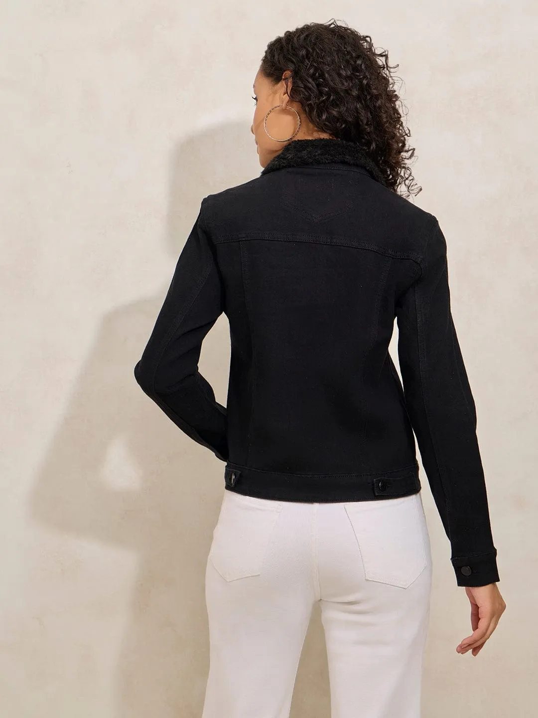 Women's Black Denim Jacket with Faux Fur Collar Heat Sealed Edges