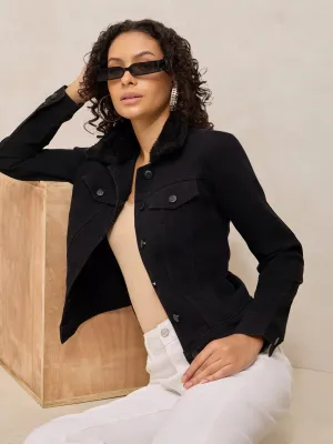 Practical Cold Piece mesh ventilation Women's Black Denim Jacket with Faux Fur Collar
