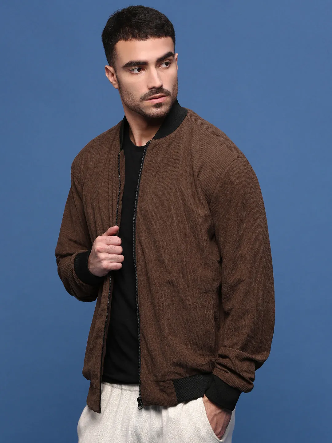 Cool Season Pocket Placement Men's Brown Corduroy Windcheater Bomber Jacket