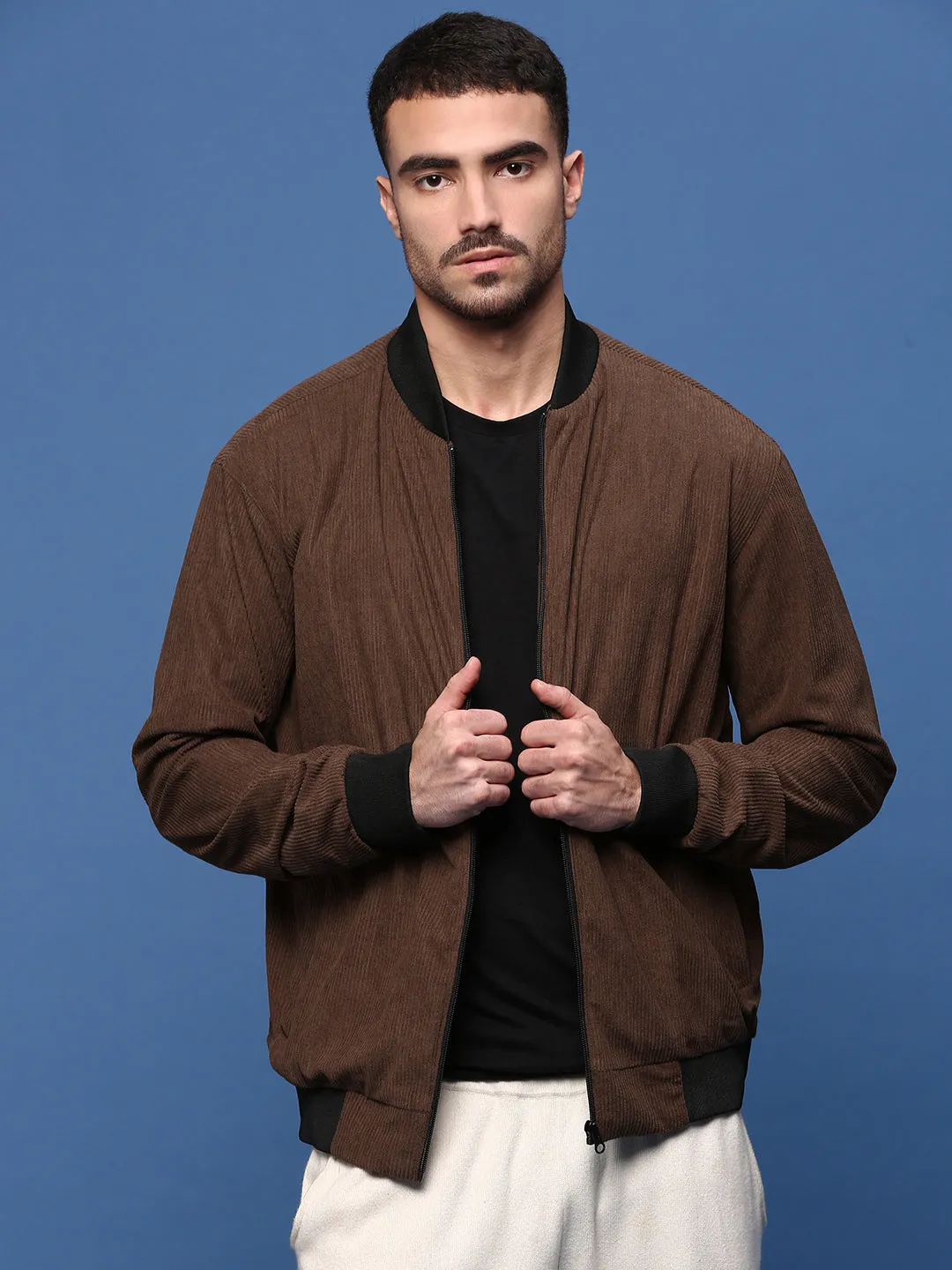 Thermoplastic Elastomer Trim Men's Brown Corduroy Windcheater Bomber Jacket